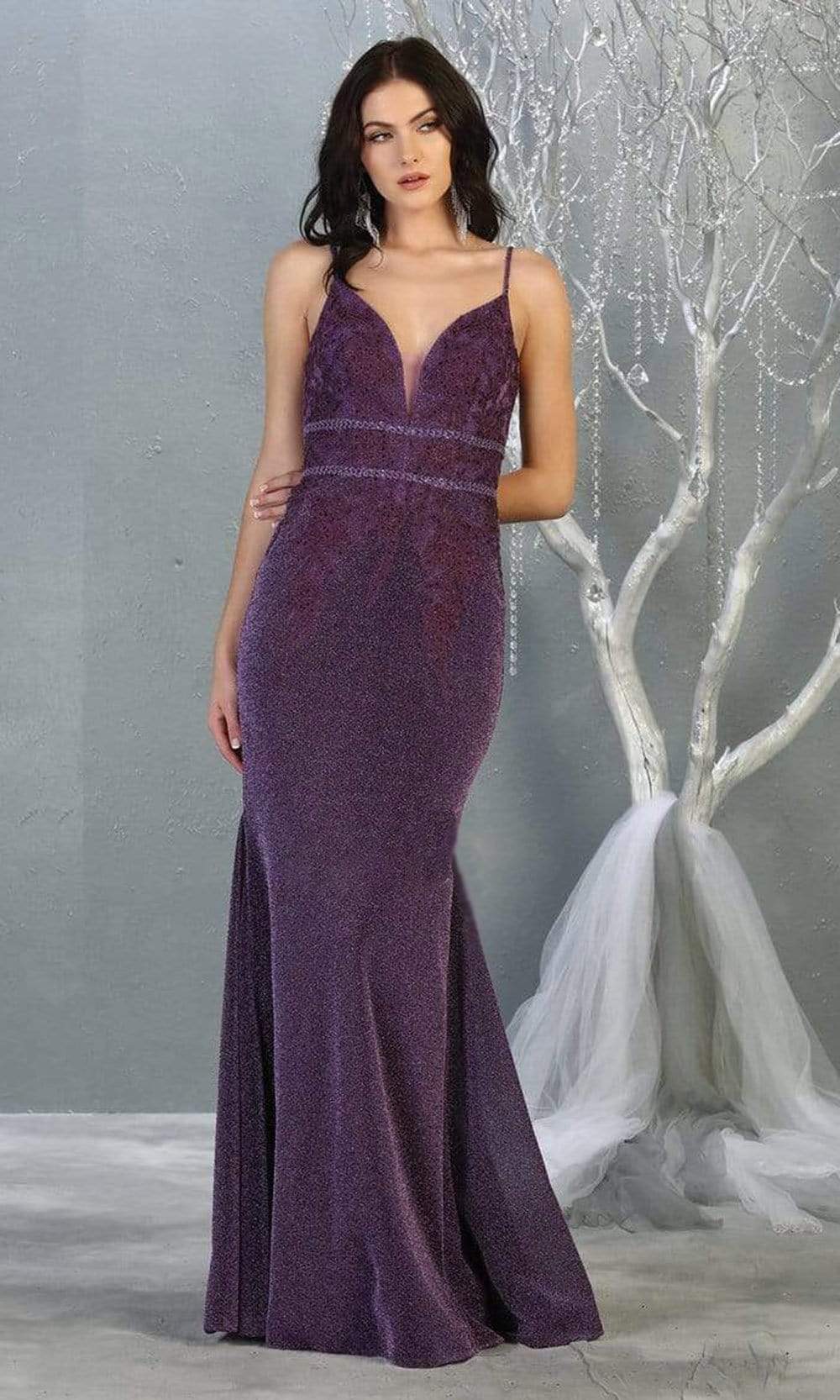 May Queen - MQ1796 Lace Applique-Ornate Trumpet Dress Evening Dresses 4 / Eggplant