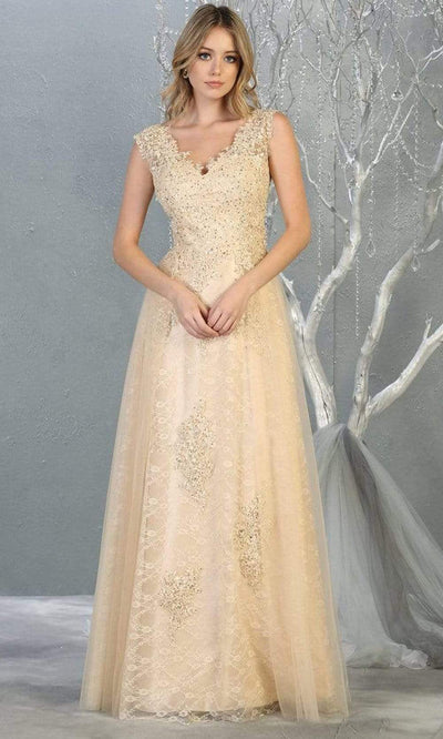 May Queen - MQ1799 Embroidered V-neck A-line Dress Evening Dresses 4 / Champagne