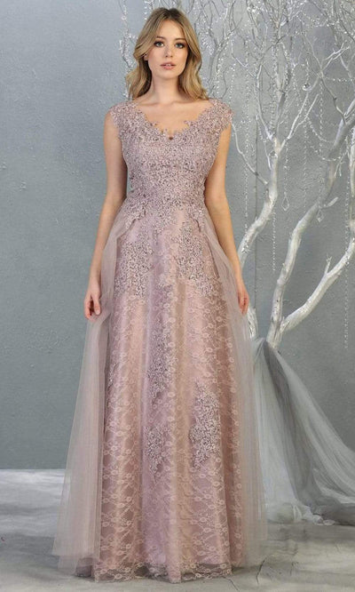 May Queen - MQ1799 Embroidered V-neck A-line Dress Evening Dresses 4 / Mauve