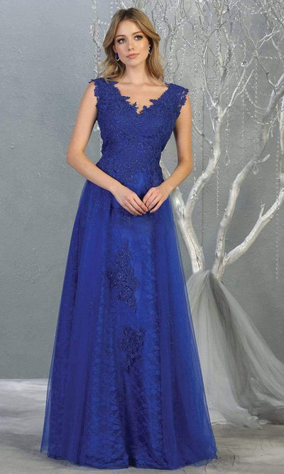 May Queen - MQ1799 Embroidered V-neck A-line Dress Evening Dresses 4 / Navy