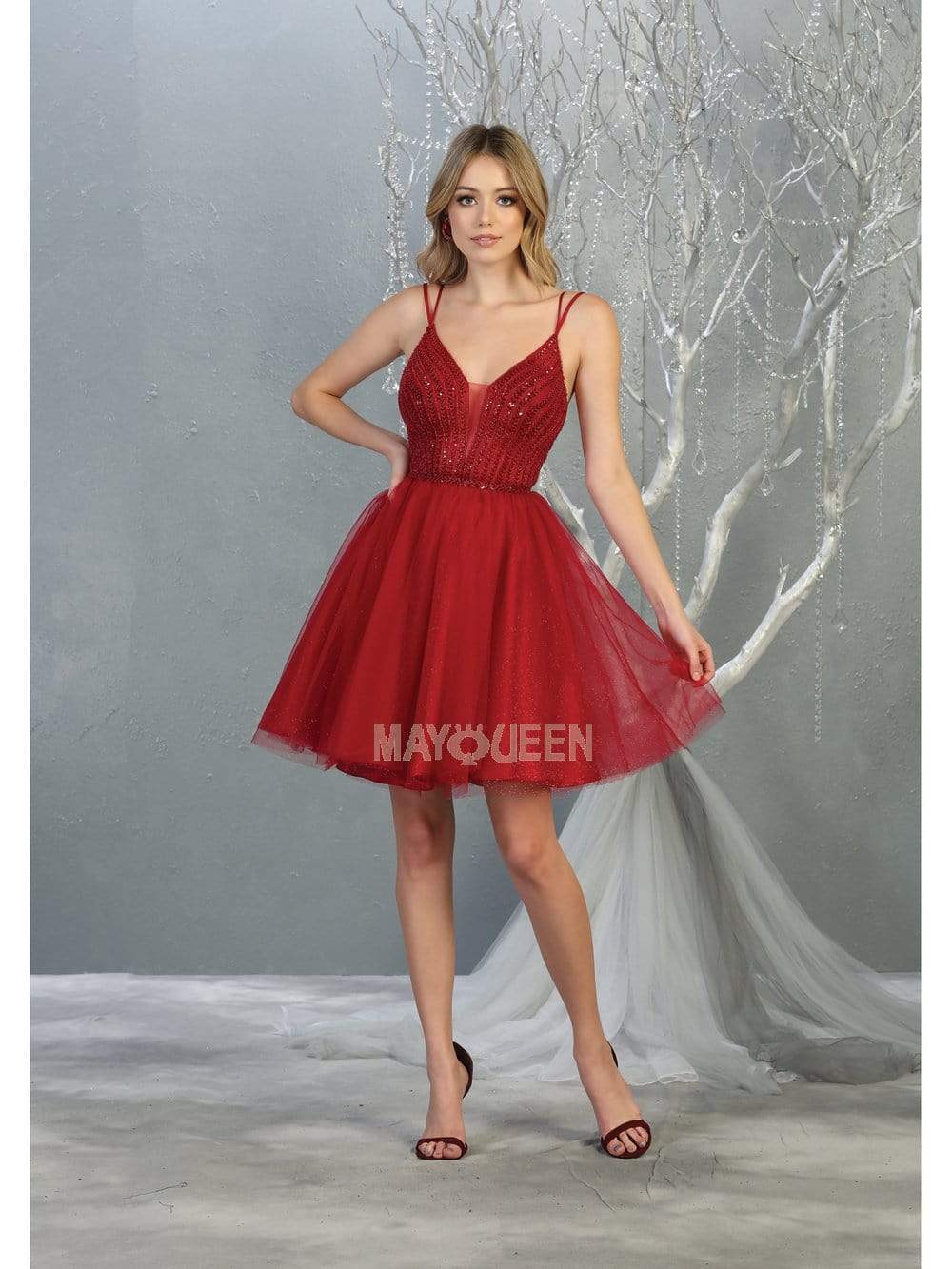 May Queen - MQ1800 Embellished Deep V-neck A-line Dress Homecoming Dresses 4 / Burgundy
