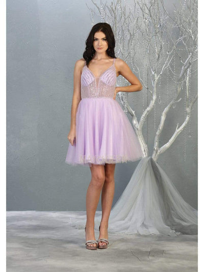 May Queen - MQ1800 Embellished Deep V-neck A-line Dress Homecoming Dresses 4 / Lilac