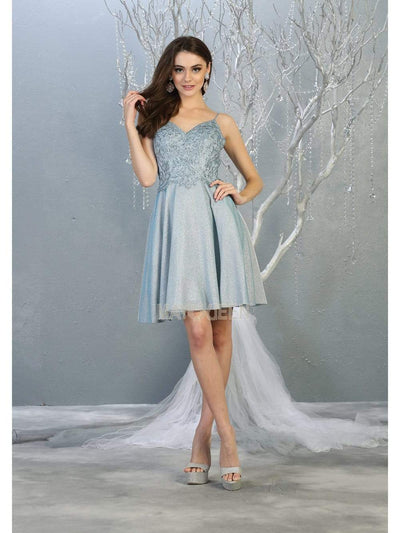 May Queen - MQ1802 Lace Applique-Ornate Glitter A-Line Dress Cocktail Dresses 4 / Baby Blue