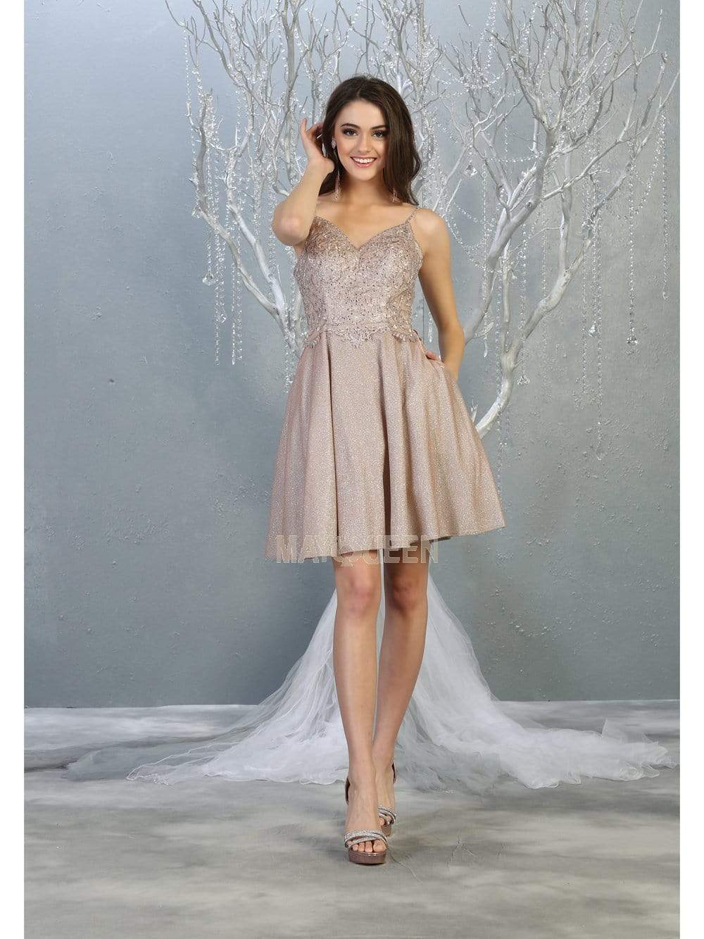 May Queen - MQ1802 Lace Applique-Ornate Glitter A-Line Dress Cocktail Dresses 4 / Rose Gold