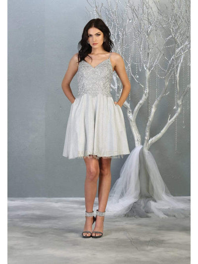 May Queen - MQ1802 Lace Applique-Ornate Glitter A-Line Dress Cocktail Dresses 4 / Silver