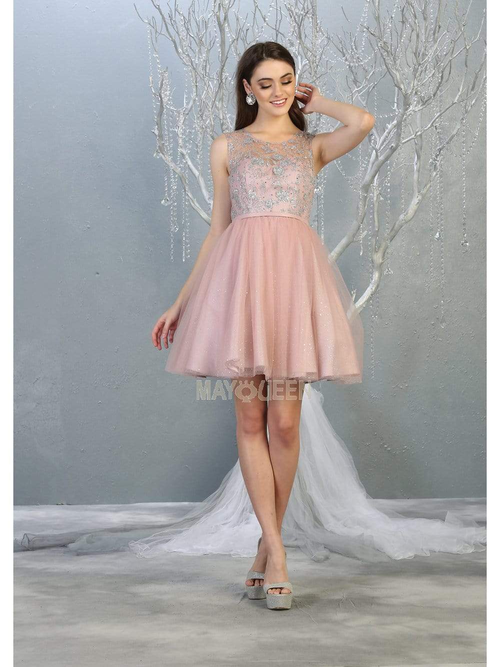 May Queen - MQ1803 Illusion Sweetheart Neckline Glitter Tulle Dress Homecoming Dresses 2 / Blush