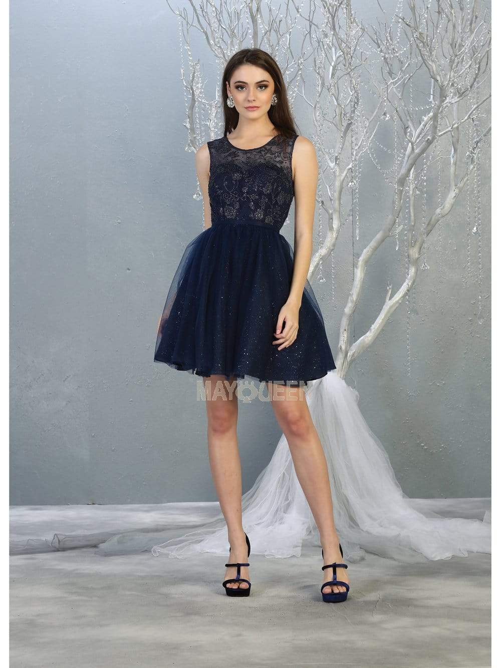 May Queen - MQ1803 Illusion Sweetheart Neckline Glitter Tulle Dress Homecoming Dresses 2 / Navy