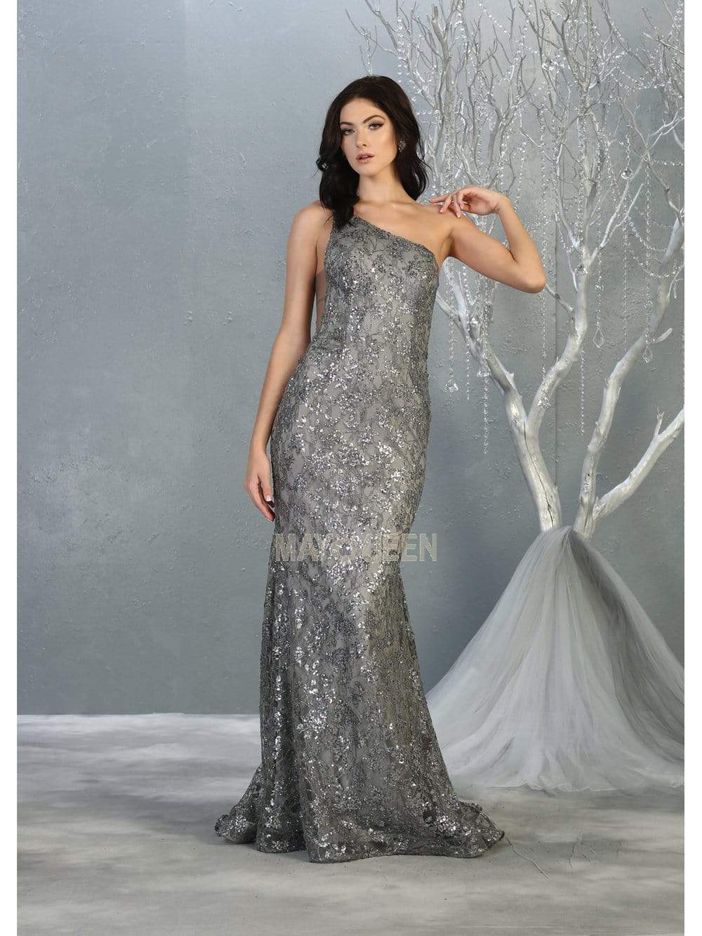 May Queen - Fitted Gliter Embellishments Mermaid Evening Dress MQ1804SC In Silver