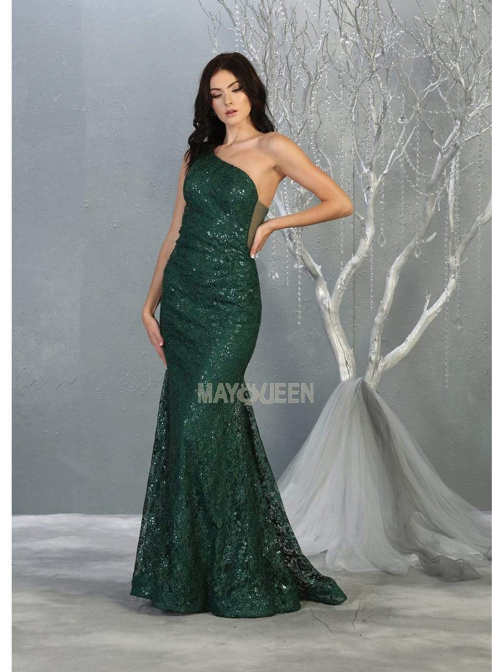 May Queen - MQ1804 Glitter Asymmetrical Mermaid Gown Evening Dresses 2 / Hunter-Grn