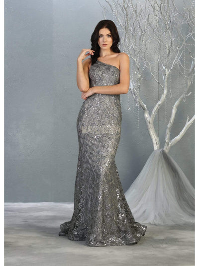 May Queen - MQ1804 Glitter Asymmetrical Mermaid Gown Evening Dresses 2 / Silver