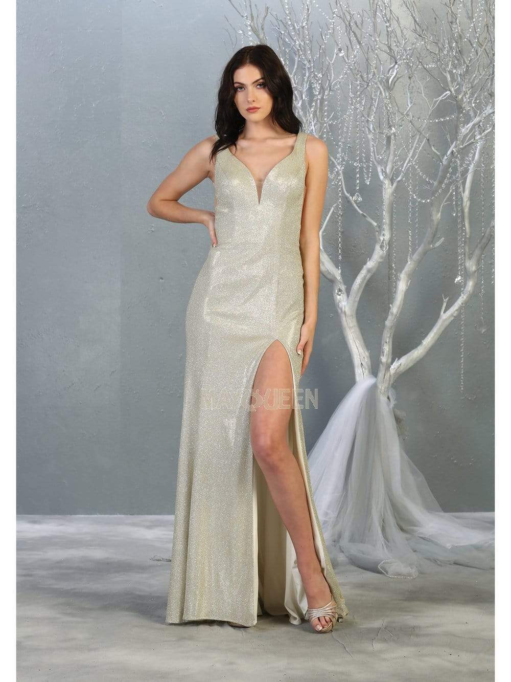May Queen - MQ1805 Deep V-neck Trumpet Dress With Slit Prom Dresses 2 / Champagne/Multi