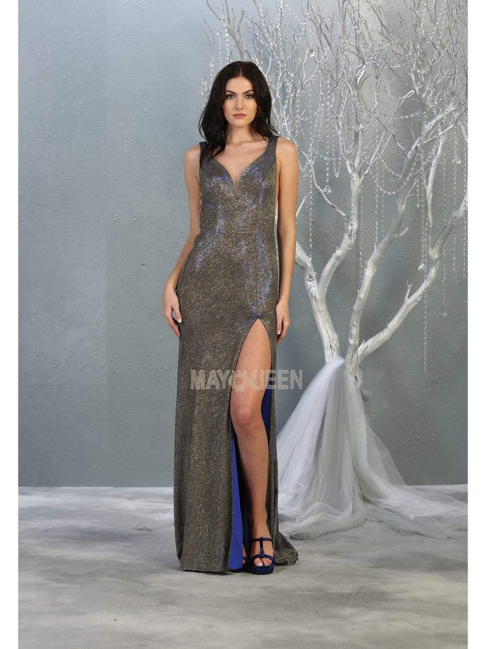May Queen - MQ1805 Deep V-neck Trumpet Dress With Slit Prom Dresses 2 / Royal/Multi