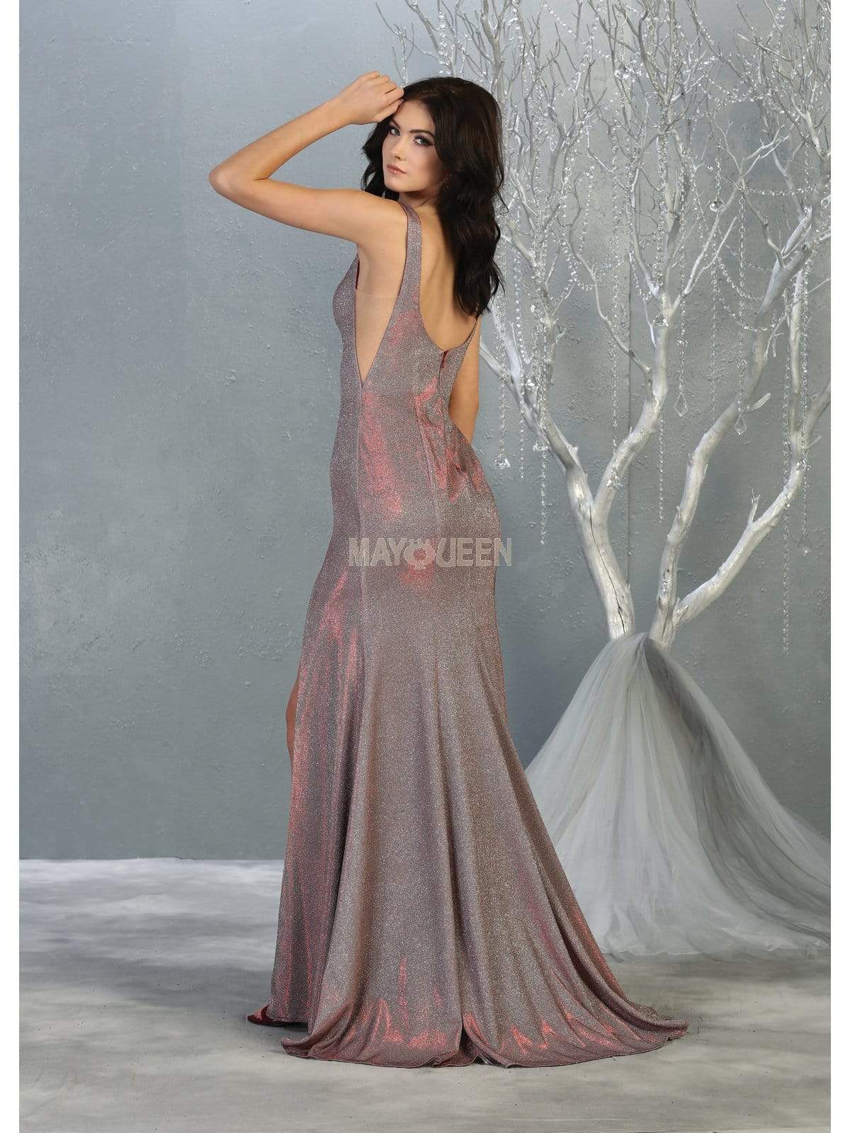 May Queen - MQ1805 Deep V-neck Trumpet Dress With Slit Prom Dresses