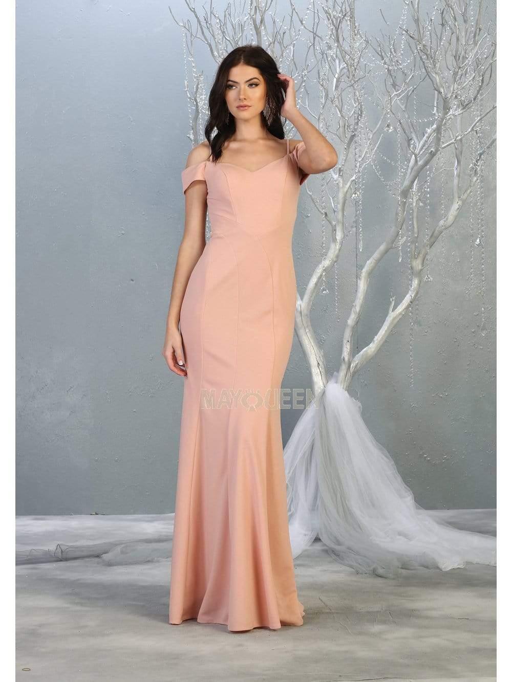 May Queen - MQ1807 Off-shoulder Trumpet Dress Prom Dresses 4 / Dusty-Rose