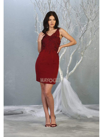 May Queen - MQ1808 Appliqued Illusion Bodice Sheath Dress Party Dresses 4 / Burgundy