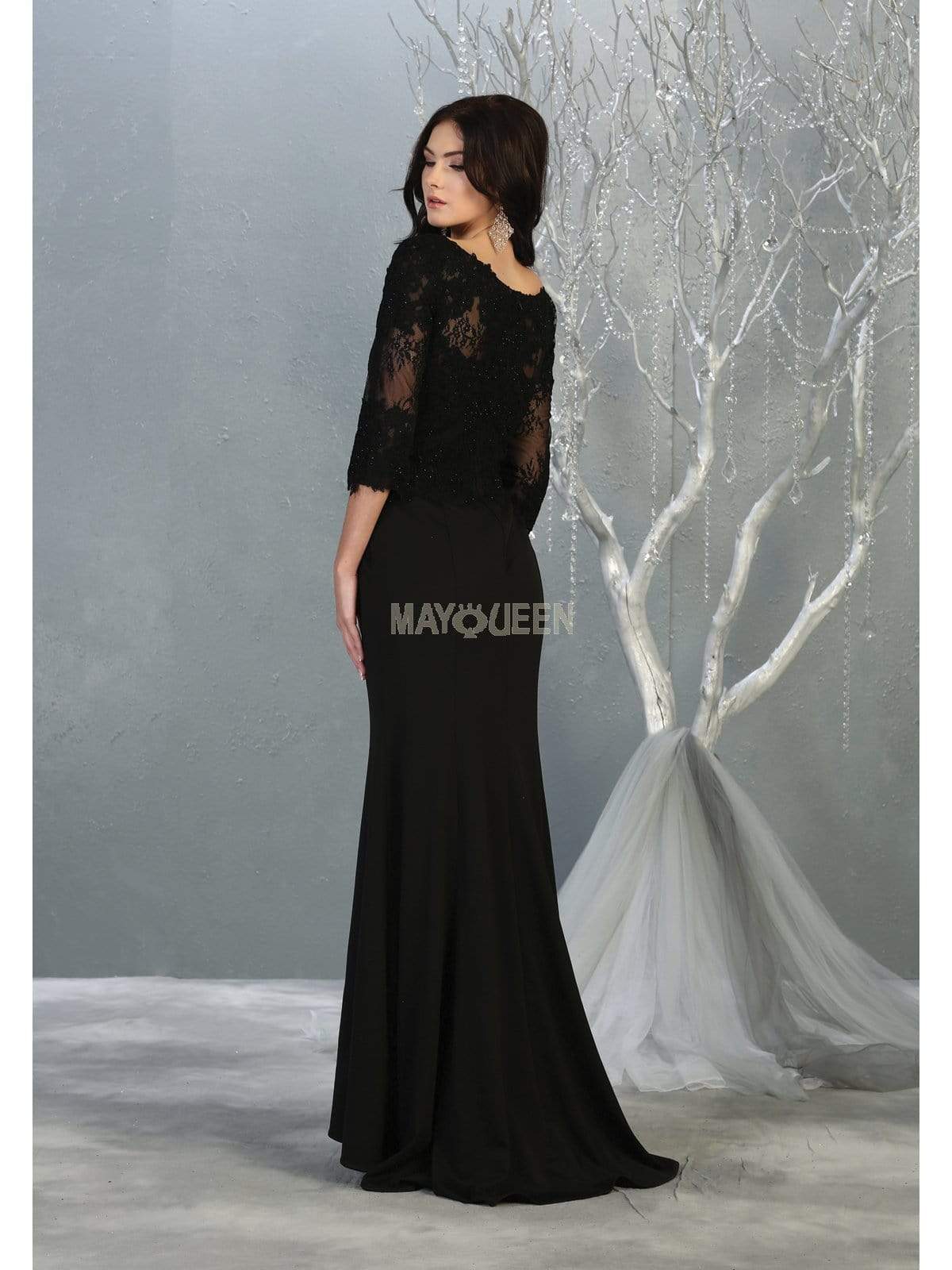 May Queen - MQ1810 Sheer Quarter Sleeve Appliqued Trumpet Dress Evening Dresses