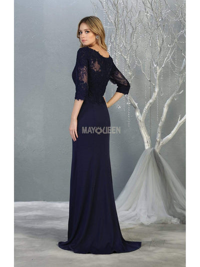 May Queen - MQ1810 Sheer Quarter Sleeve Appliqued Trumpet Dress Evening Dresses