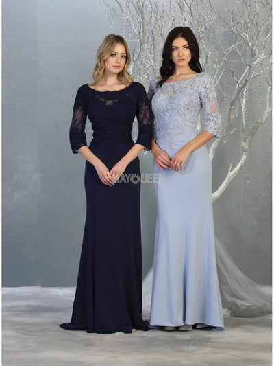 May Queen - MQ1810 Sheer Quarter Sleeve Appliqued Trumpet Dress Evening Dresses