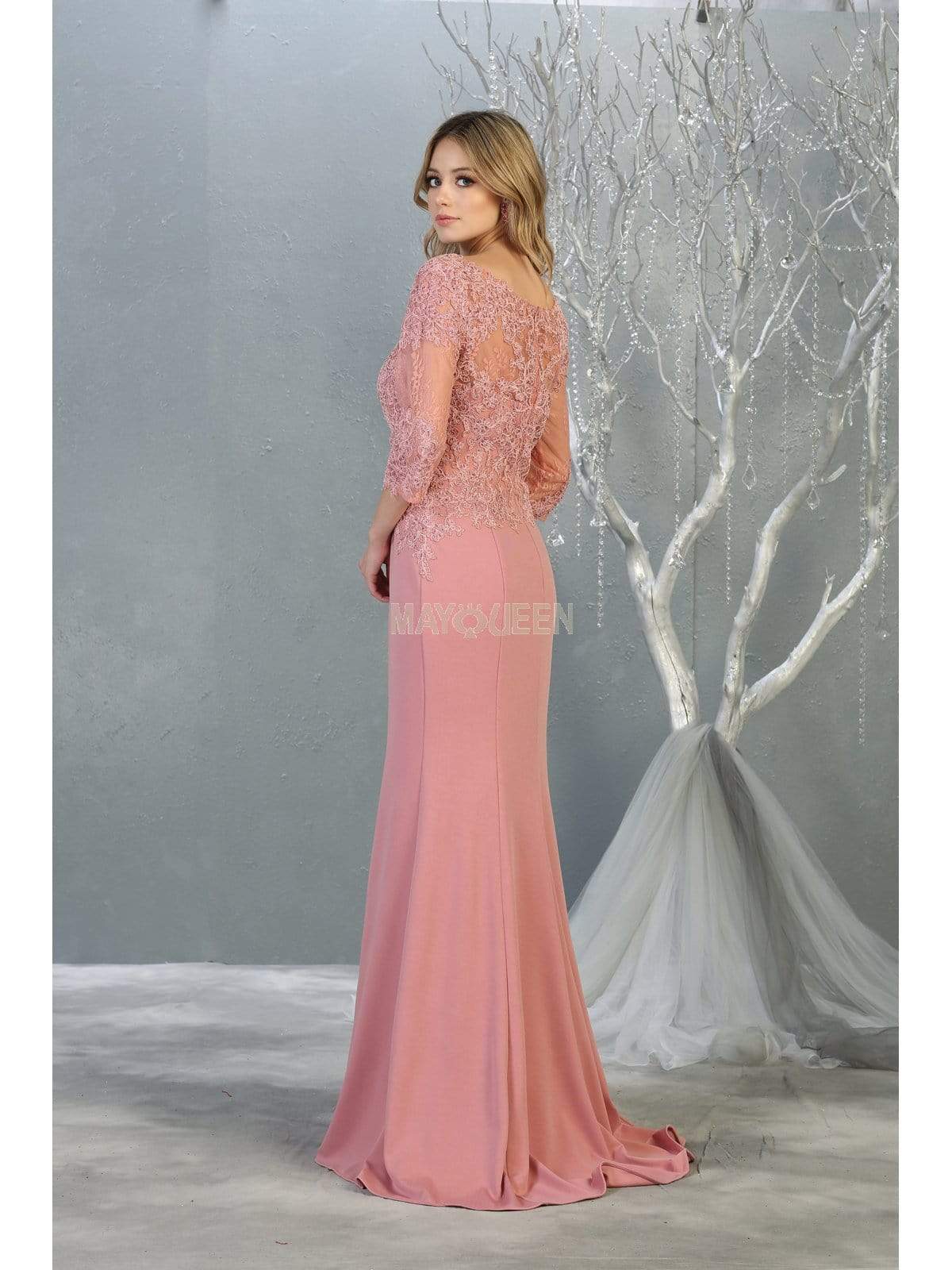 May Queen - MQ1810 Sheer Quarter Sleeve Appliqued Trumpet Dress Evening Dresses