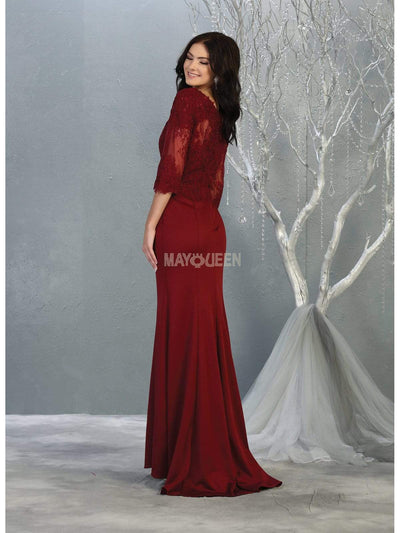 May Queen - MQ1810 Sheer Quarter Sleeve Appliqued Trumpet Dress Evening Dresses