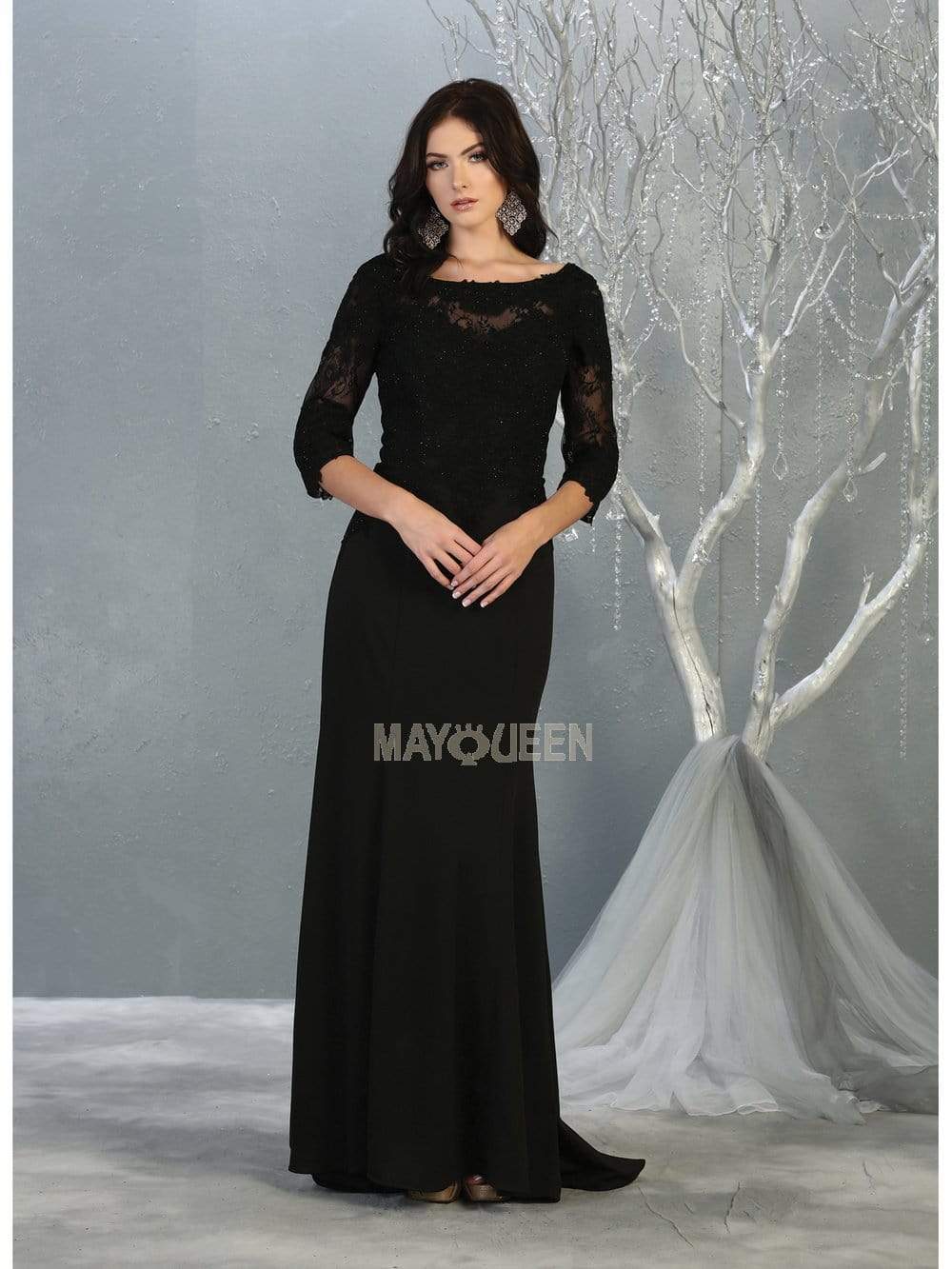 May Queen - MQ1810 Sheer Quarter Sleeve Appliqued Trumpet Dress Evening Dresses M / Black