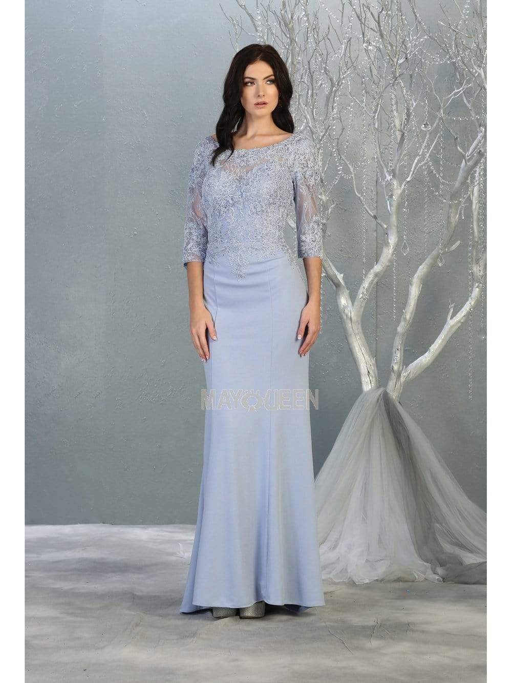 May Queen - MQ1810 Sheer Quarter Sleeve Appliqued Trumpet Dress Evening Dresses M / Dusty Blue