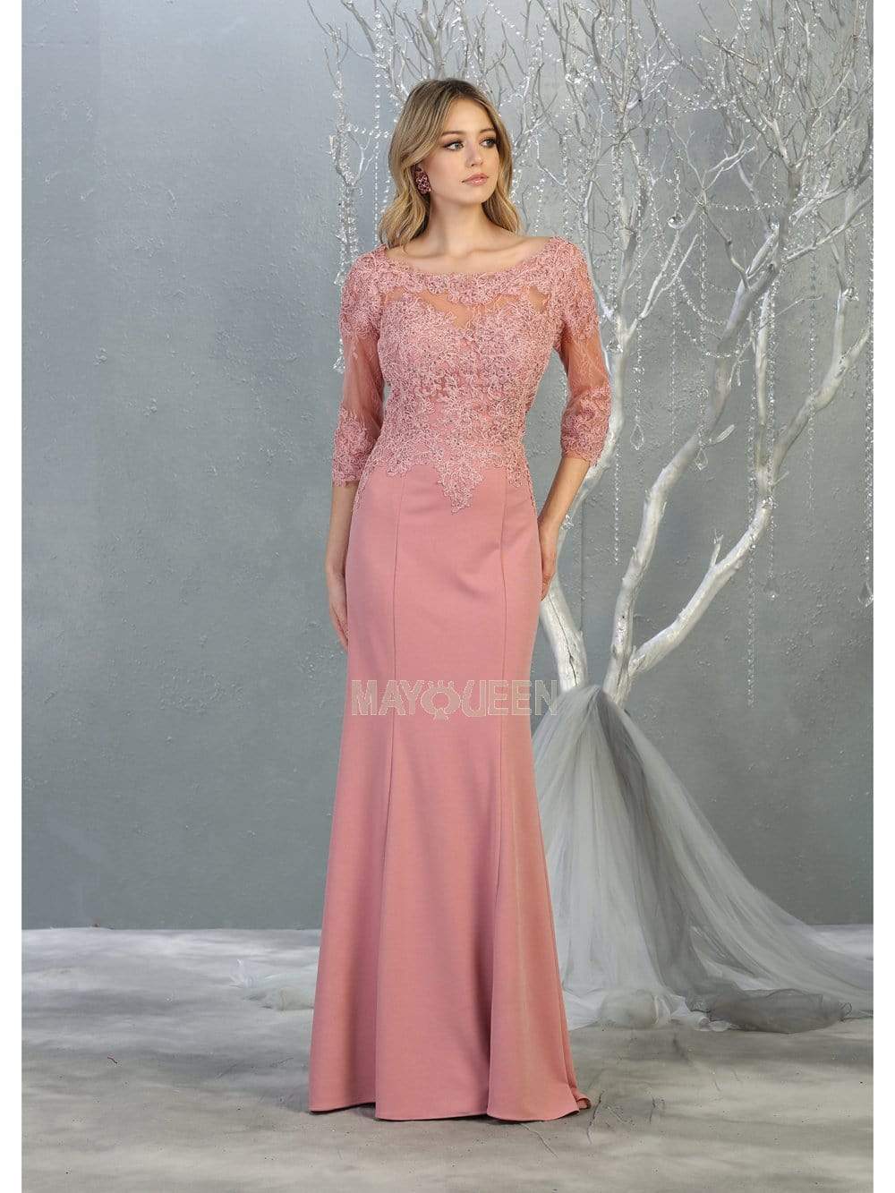 May Queen - MQ1810 Sheer Quarter Sleeve Appliqued Trumpet Dress Evening Dresses M / Mauve