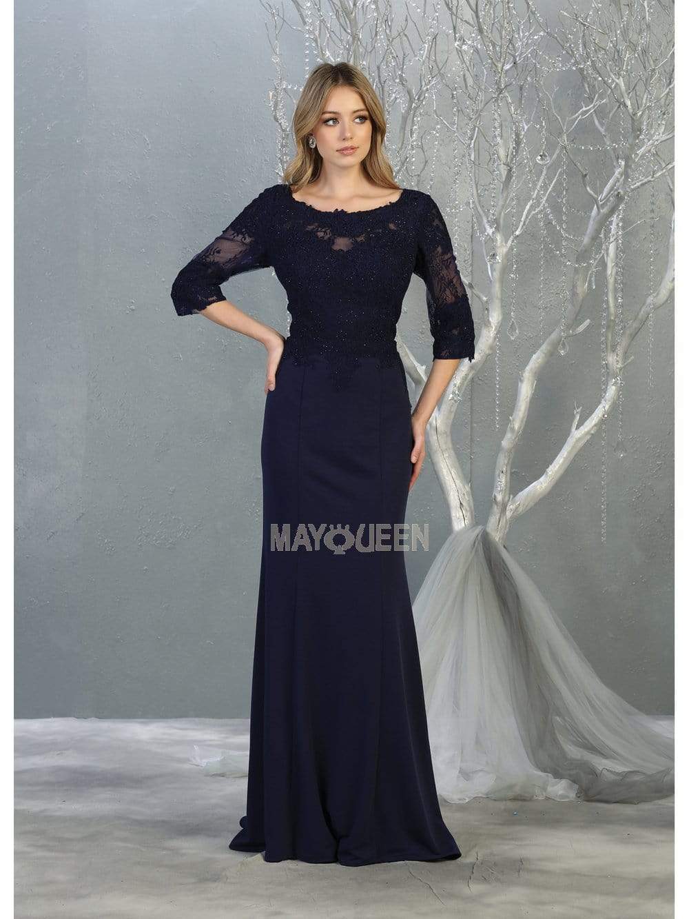 May Queen - MQ1810 Sheer Quarter Sleeve Appliqued Trumpet Dress Evening Dresses M / Navy