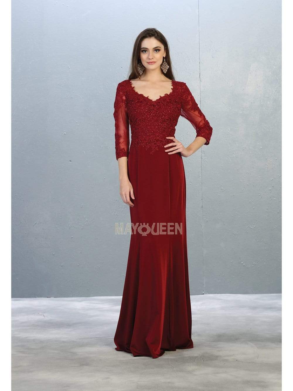 May Queen - MQ1811 Appliqued Quarter Sleeve Scoop Bodice Dress Mother of the Bride Dresses M / Burgundy