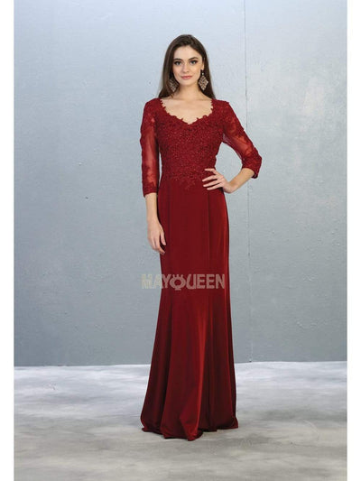 May Queen - MQ1811 Appliqued Quarter Sleeve Scoop Bodice Dress Mother of the Bride Dresses M / Burgundy