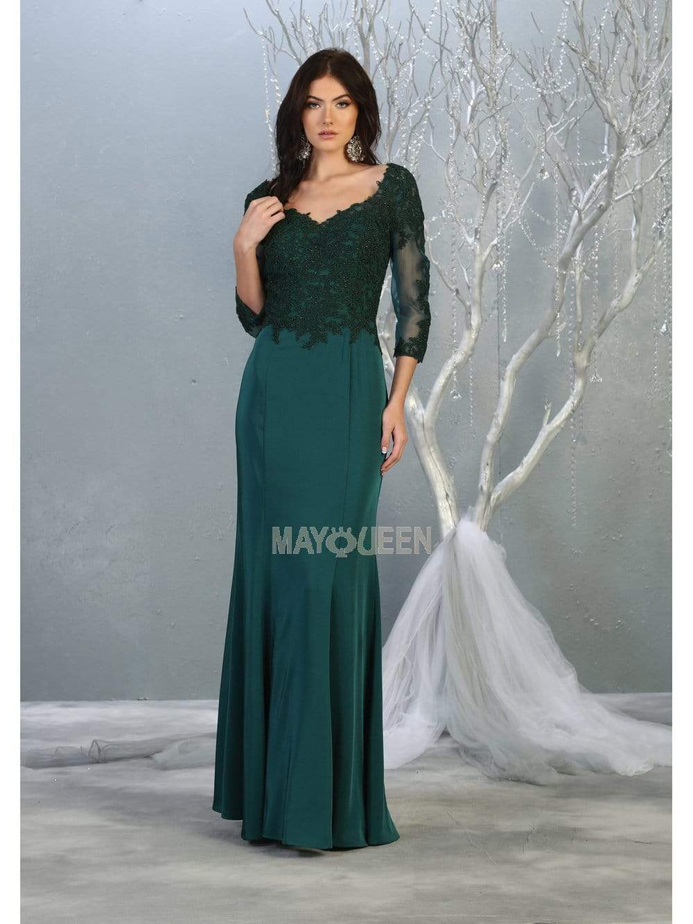 May Queen - MQ1811 Appliqued Quarter Sleeve Scoop Bodice Dress Mother of the Bride Dresses M / Hunter Green