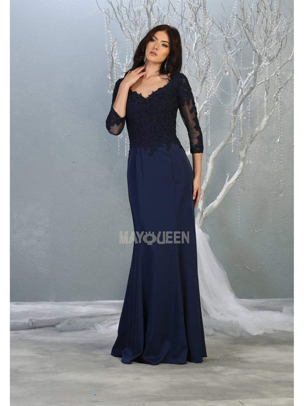 May Queen - MQ1811 Appliqued Quarter Sleeve Scoop Bodice Dress Mother of the Bride Dresses M / Navy