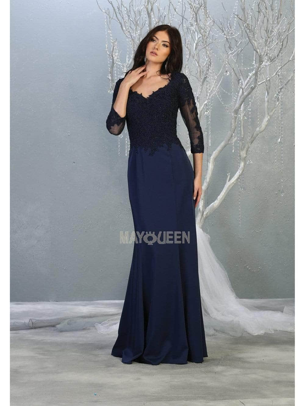 May Queen MQ1811 - Embroidered Top Scoop Formal Dress Mother of the Bride Dresses L / Navy