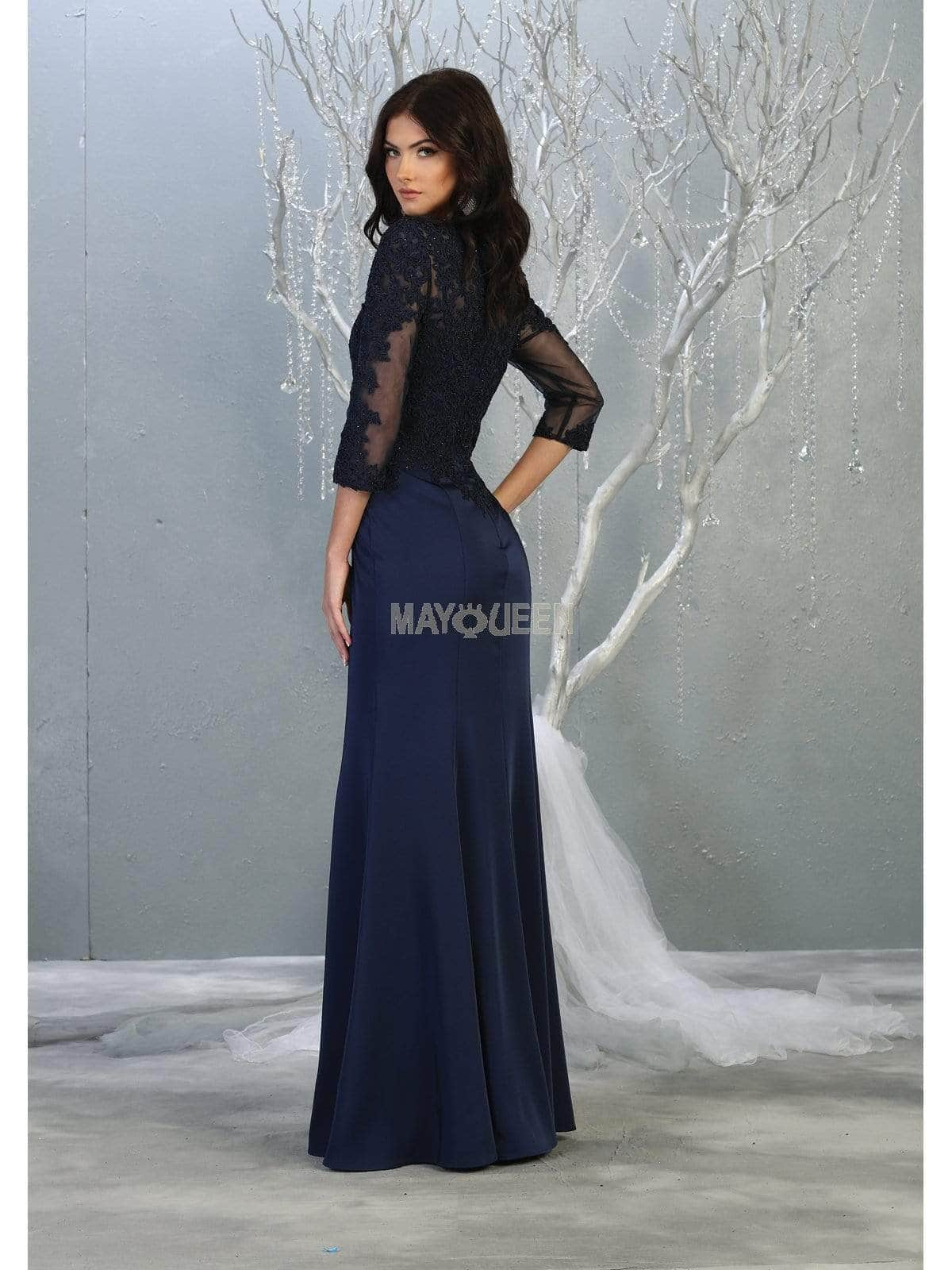 May Queen MQ1811 - Embroidered Top Scoop Formal Dress Mother of the Bride Dresses L / Navy