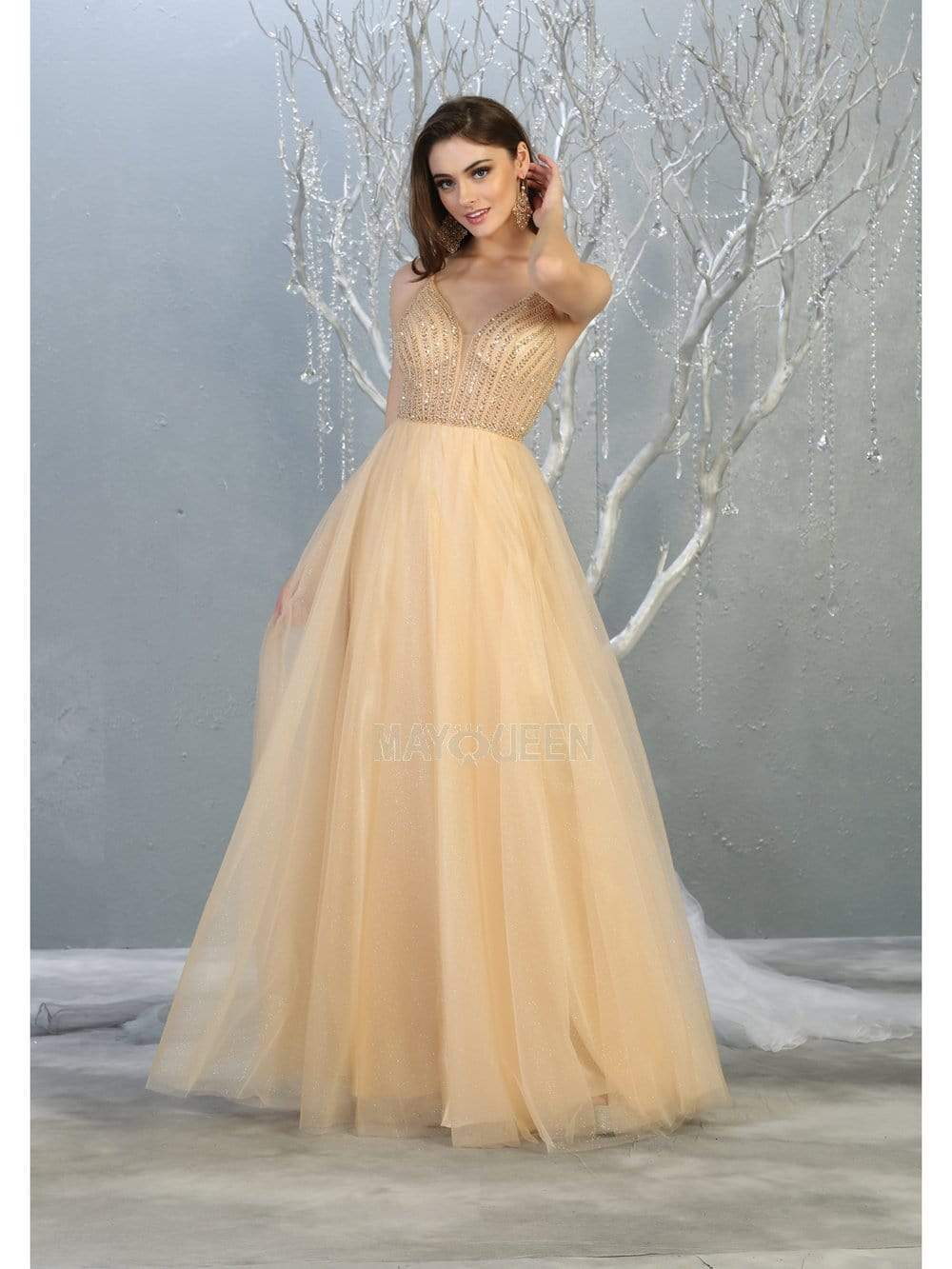May Queen - MQ1812 Beaded Plunging V-Neck A-Line Dress Prom Dresses 4 / Champagne