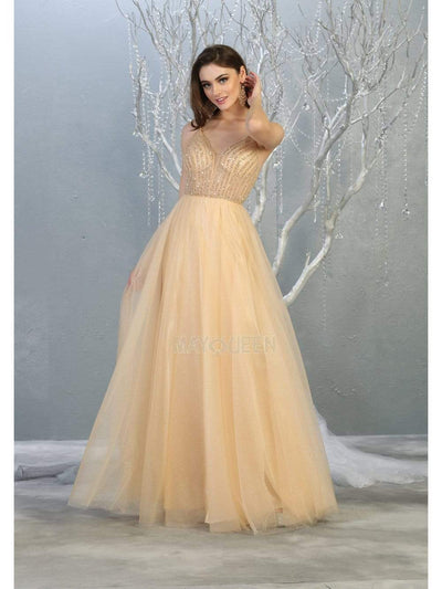 May Queen - MQ1812 Beaded Plunging V-Neck A-Line Dress Prom Dresses 4 / Champagne