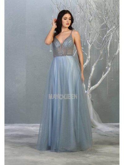 May Queen - MQ1812 Beaded Plunging V-Neck A-Line Dress Prom Dresses 4 / Dusty-Blue