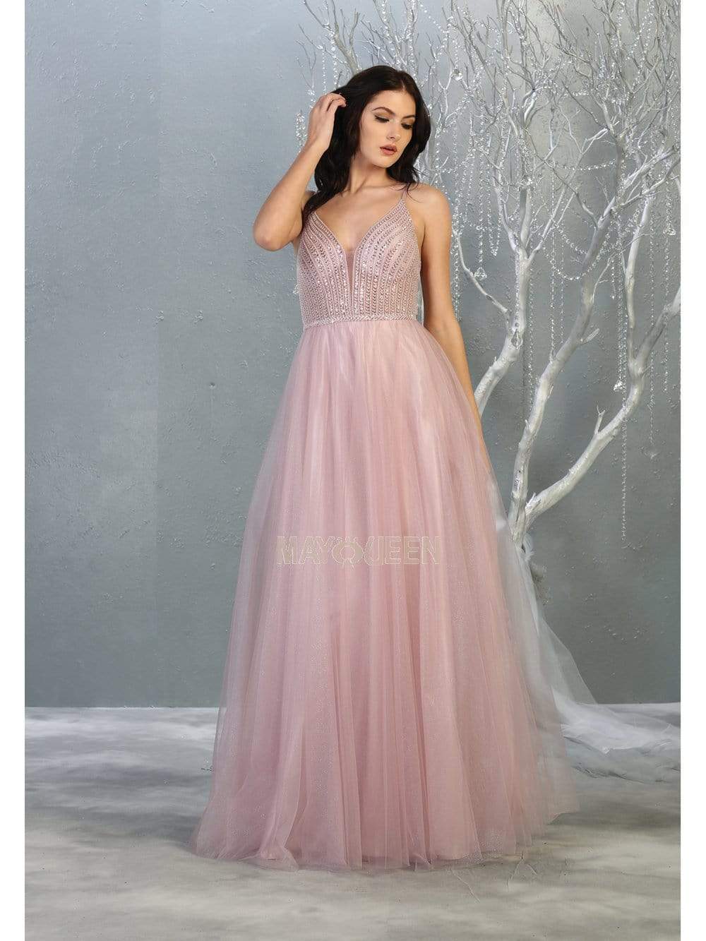 May Queen - MQ1812 Beaded Plunging V-Neck A-Line Dress Prom Dresses 4 / Mauve