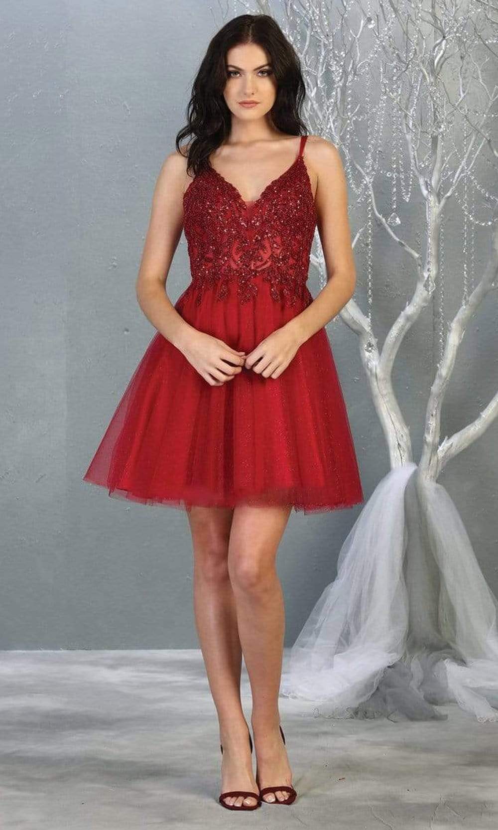 May Queen - MQ1813 Beaded Illusion Bodice A-Line Dress Cocktail Dresses 2 / Burgundy