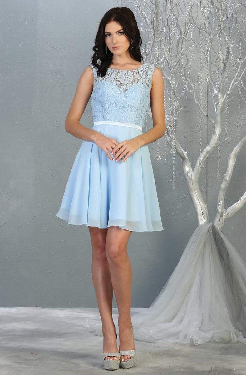 May Queen - MQ1814 Lace Chiffon Cocktail Dress with Lace-up Back Homecoming Dresses 2 / Baby-Blue