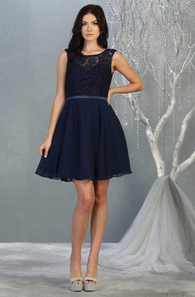 May Queen - MQ1814 Lace Chiffon Cocktail Dress with Lace-up Back Homecoming Dresses 2 / Navy