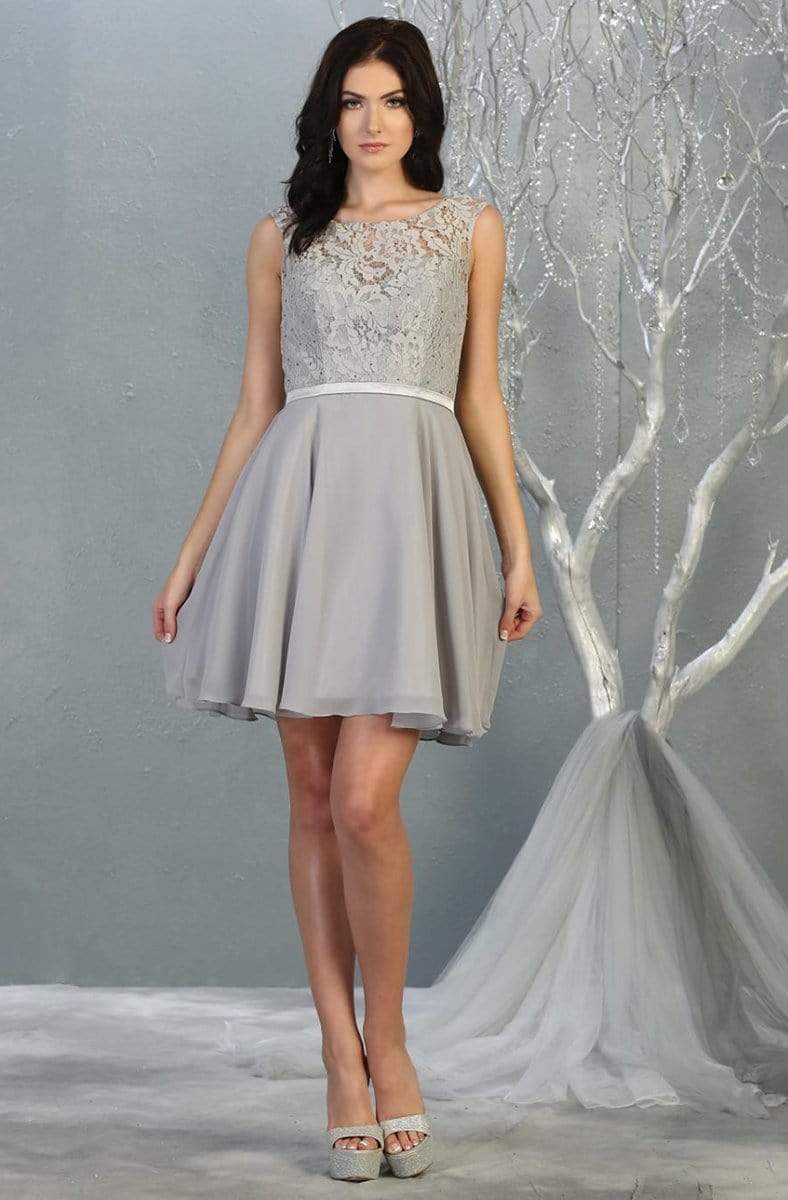 May Queen - MQ1814 Lace Chiffon Cocktail Dress with Lace-up Back Homecoming Dresses 2 / Silver