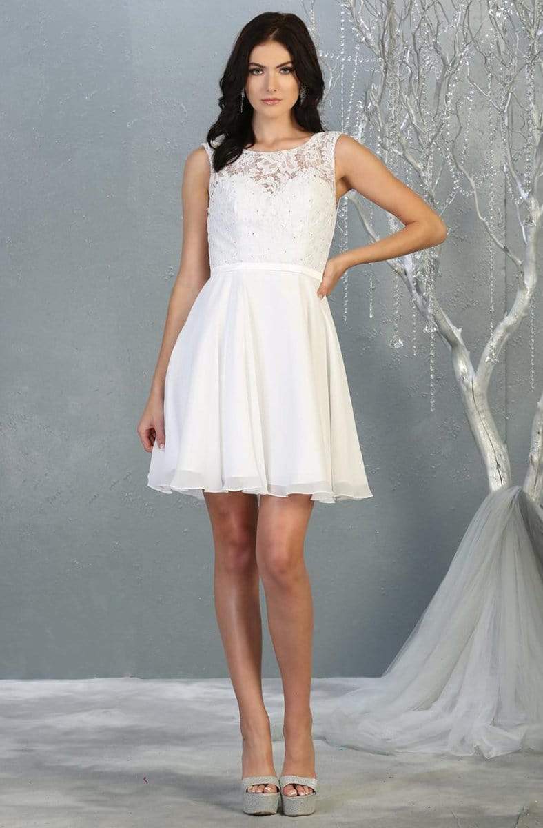 May Queen - MQ1814 Lace Chiffon Cocktail Dress with Lace-up Back Homecoming Dresses 2 / White