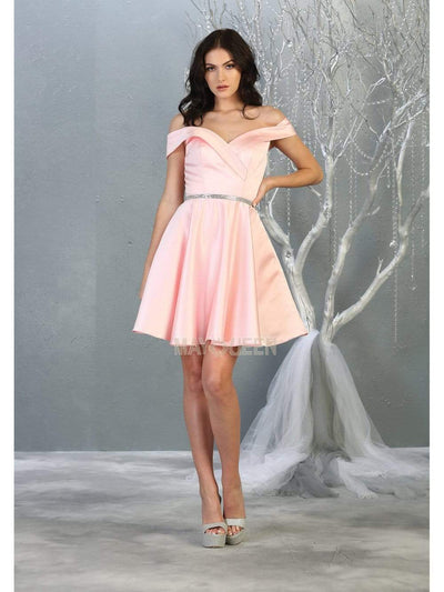 May Queen - MQ1815 Off Shoulder Satin cocktail Dress Homecoming Dresses 2 / Blush