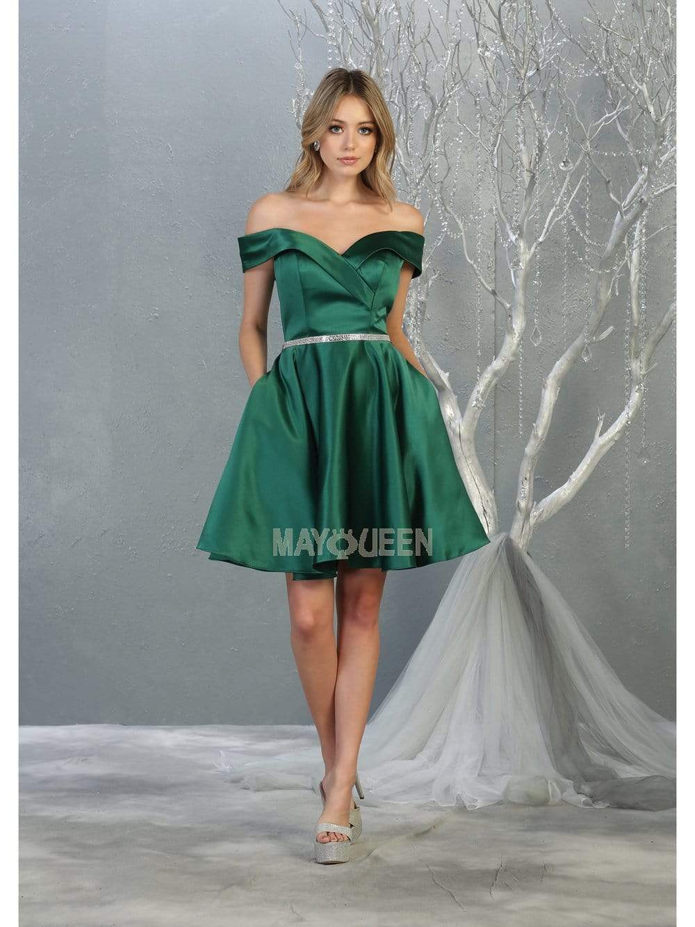 May Queen - MQ1815 Off Shoulder Satin cocktail Dress Homecoming Dresses 2 / Hunter-Grn