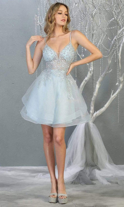 May Queen - MQ1816SC Embelished Glitter Organza Short Dress In Blue