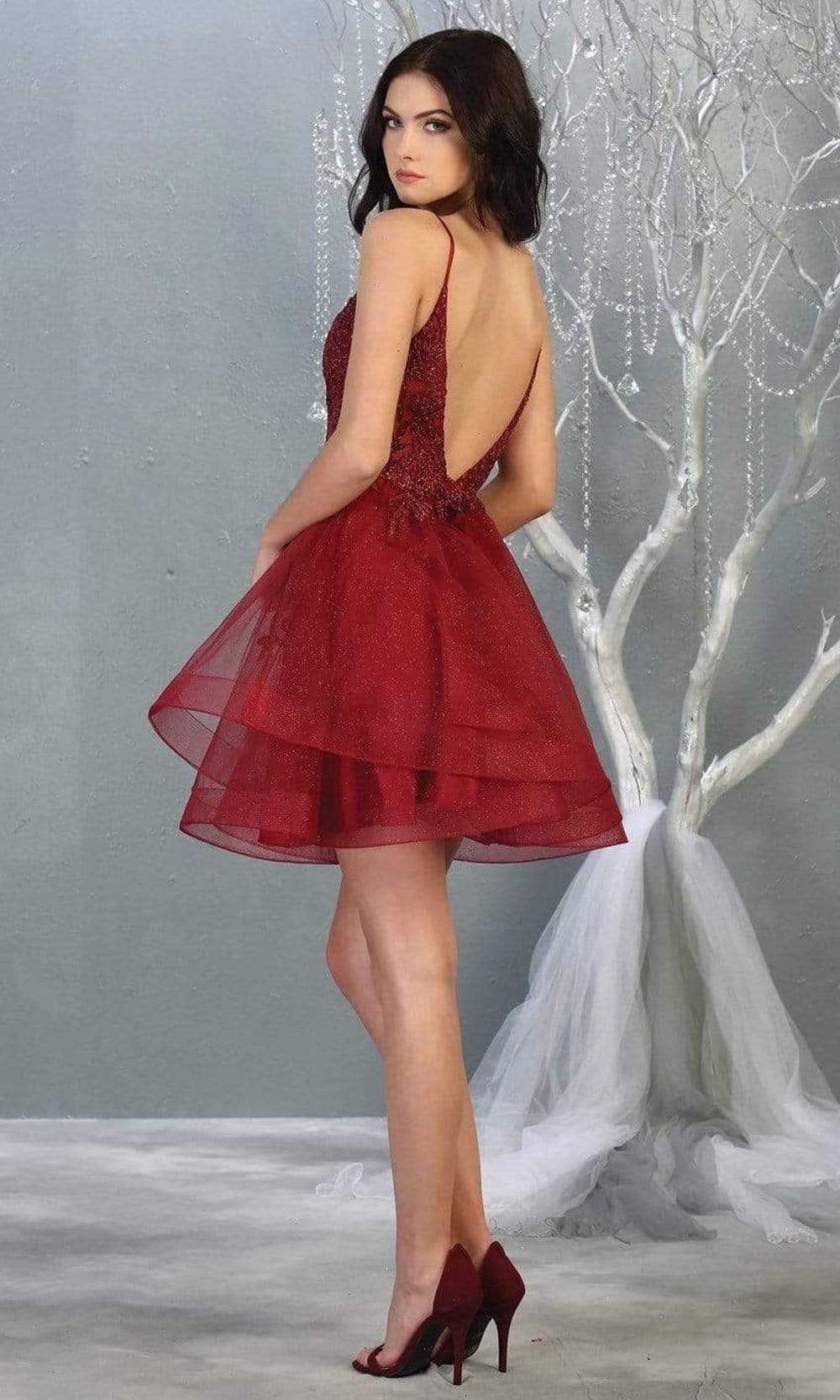 May Queen - MQ1816 Beaded Embellished Tiered Tulle Cocktail Dress Homecoming Dresses 2 / Burgundy