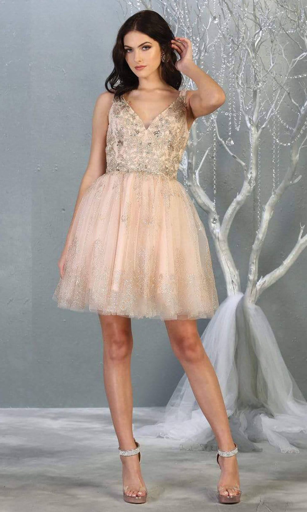 May Queen - MQ1817SC Beaded and Glittered Tulle Short Dress In Pink and Neutral