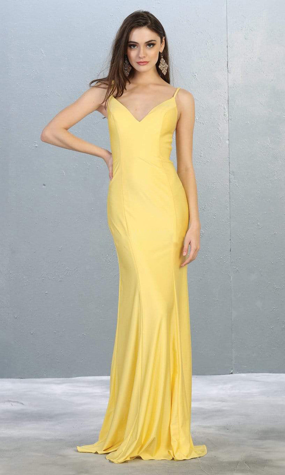 May Queen - MQ1819SC Sleeveless Minimalist Plain Long Dress In Yellow