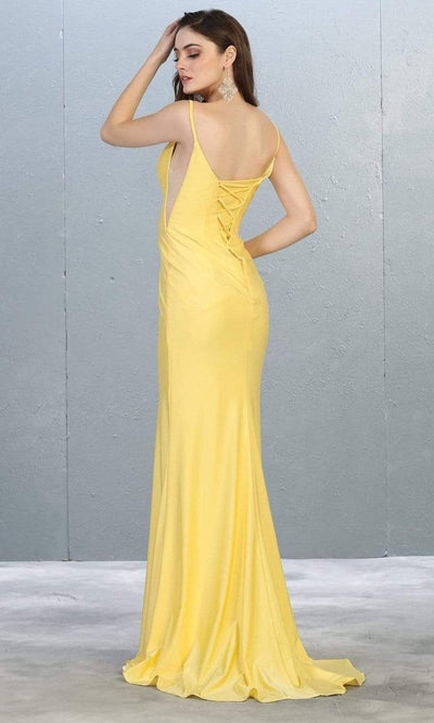 May Queen - MQ1819 Plunging V-neck Sheath Dress With Train Prom Dresses In Yellow